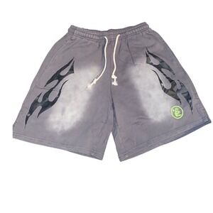 Hellstar Flame Sweat Shorts Gray Distressed Streetwear Mens Sz Medium